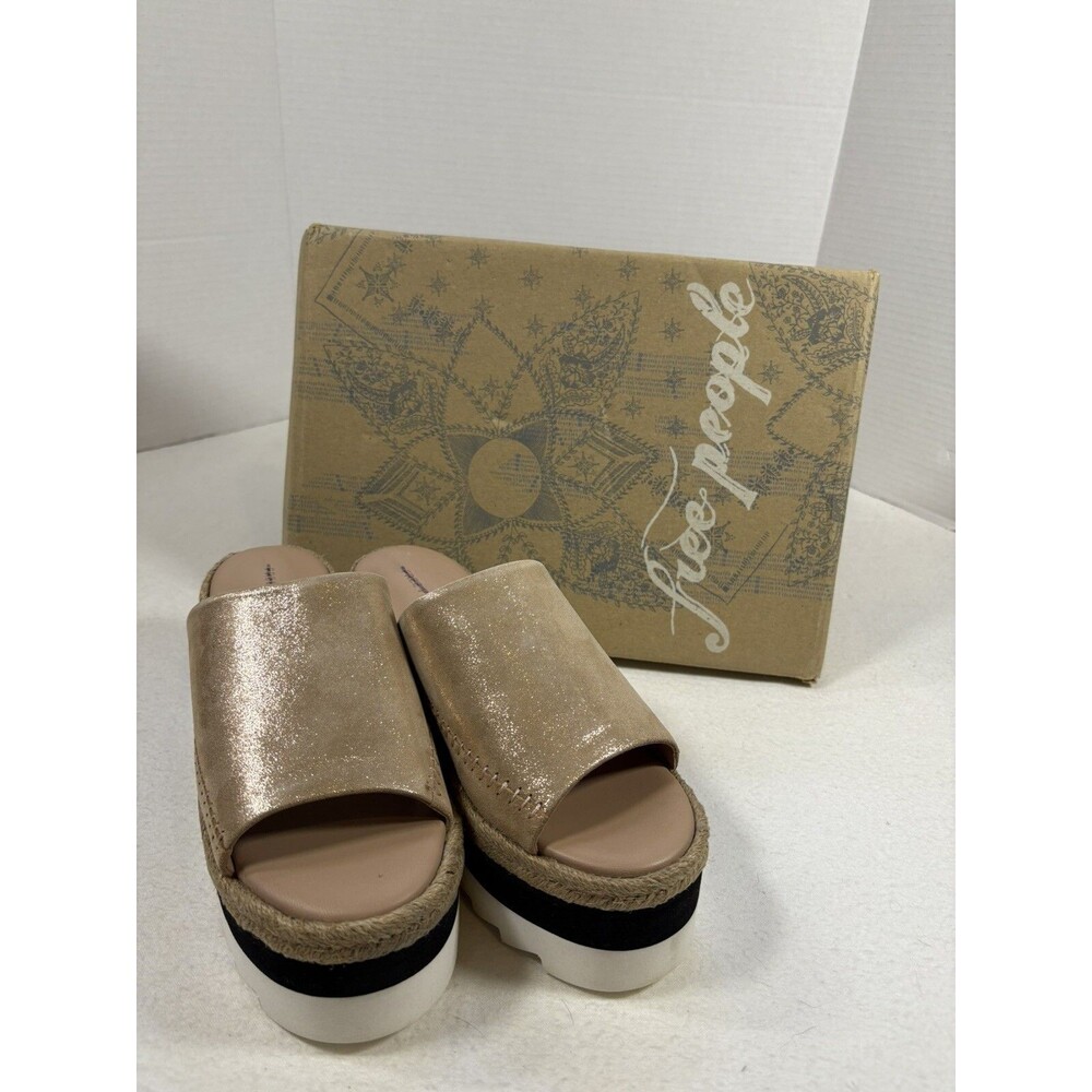 New w/Box Free People Santorini Espadrille Platform Sandal Sz 6 RoseGold Leather